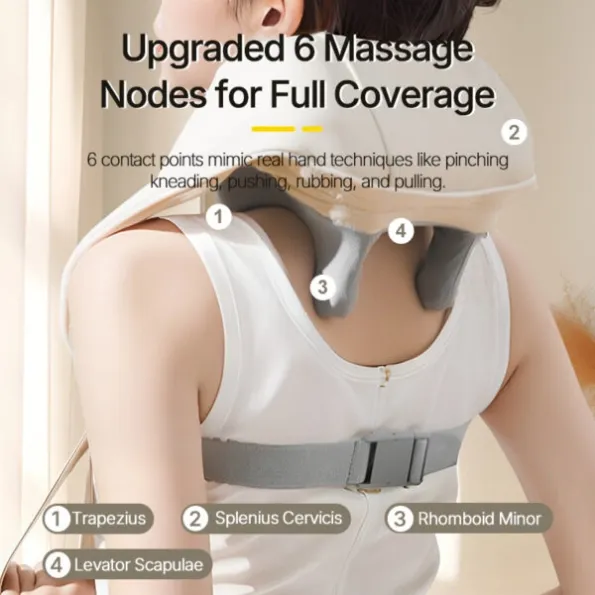 主3-Adjustable dual pull straps change massage position and pressure on trapezius massage shawl, buckle back closure for hands-free wear