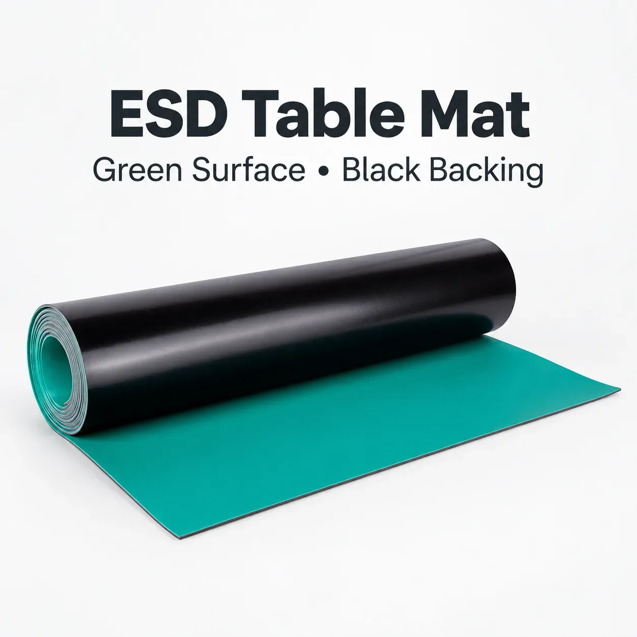 ESD table mat roll showing green static-dissipative top surface and black conductive backing layer