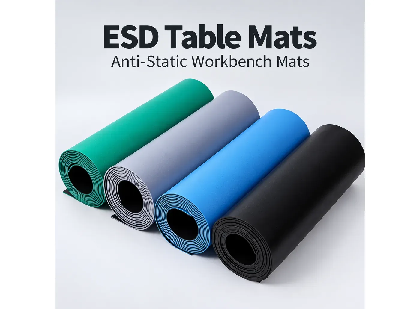ESD table mat in green, blue, gray and black, anti-static workbench mats on white background