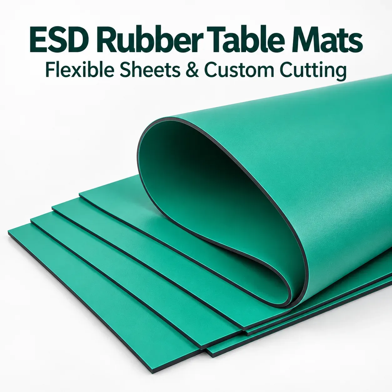 Custom-cut two-layer ESD mats stacked in green with black conductive backing