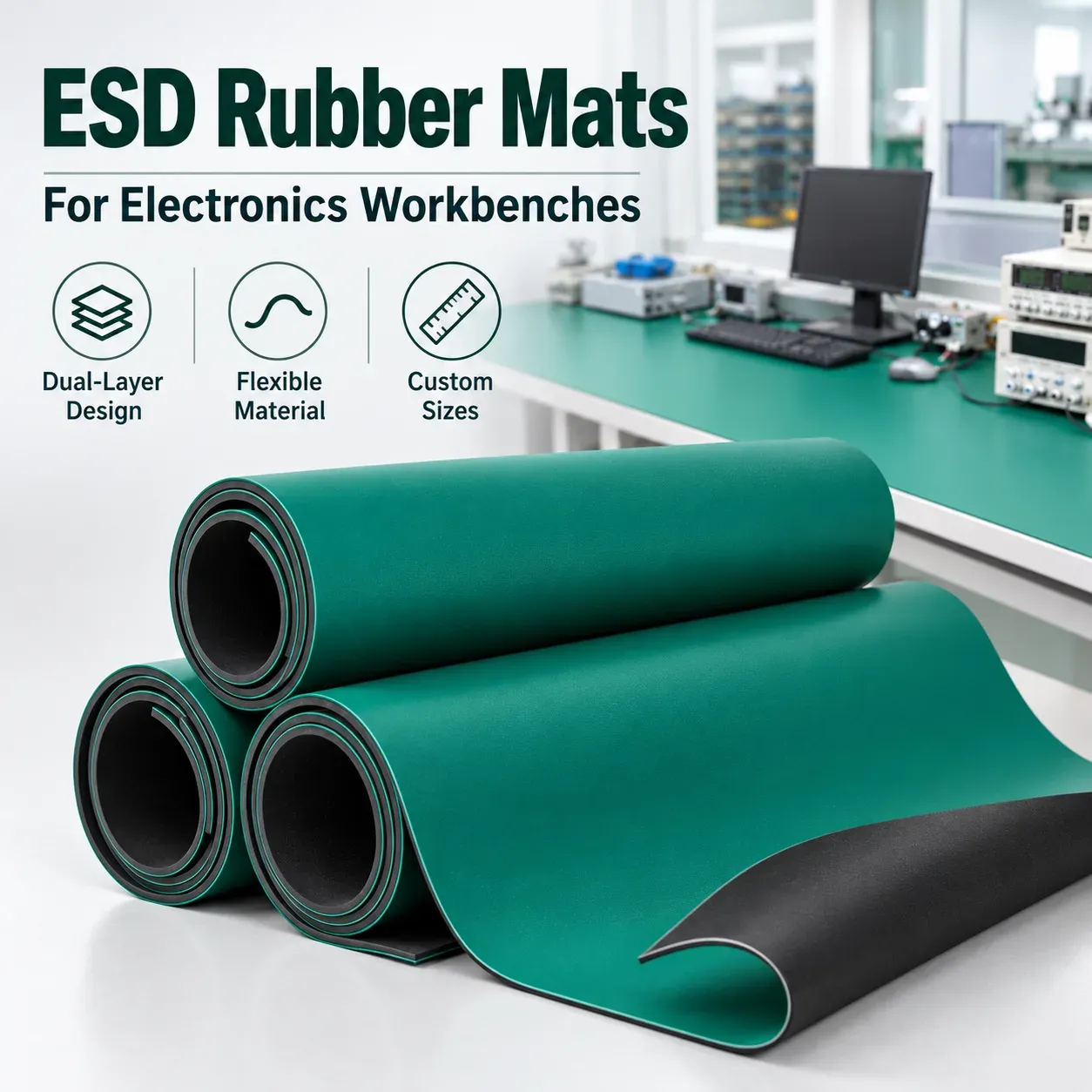 Dual-layer ESD rubber mats for electronics workbenches