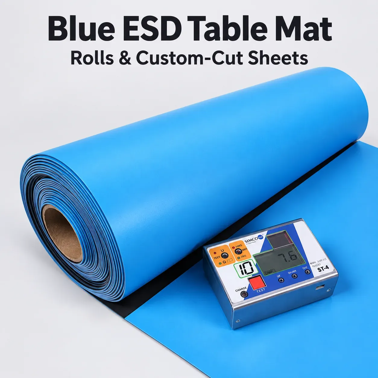Blue ESD table mat roll with surface resistance tester