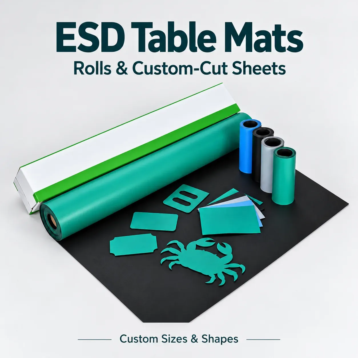ESD table mat rolls with custom cutout sheets and color roll options