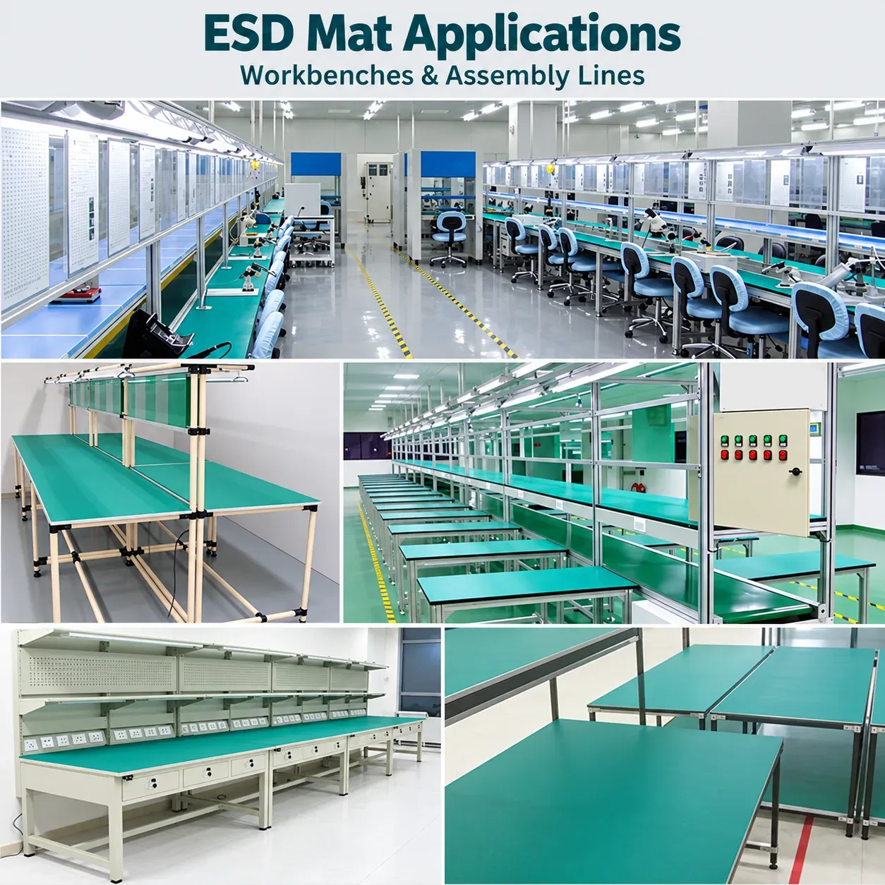 ESD mats installed on electronics workbenches and assembly lines in production facilities