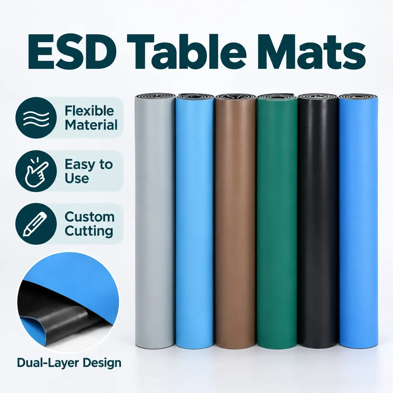 ESD table mat rolls in black, gray, blue and green