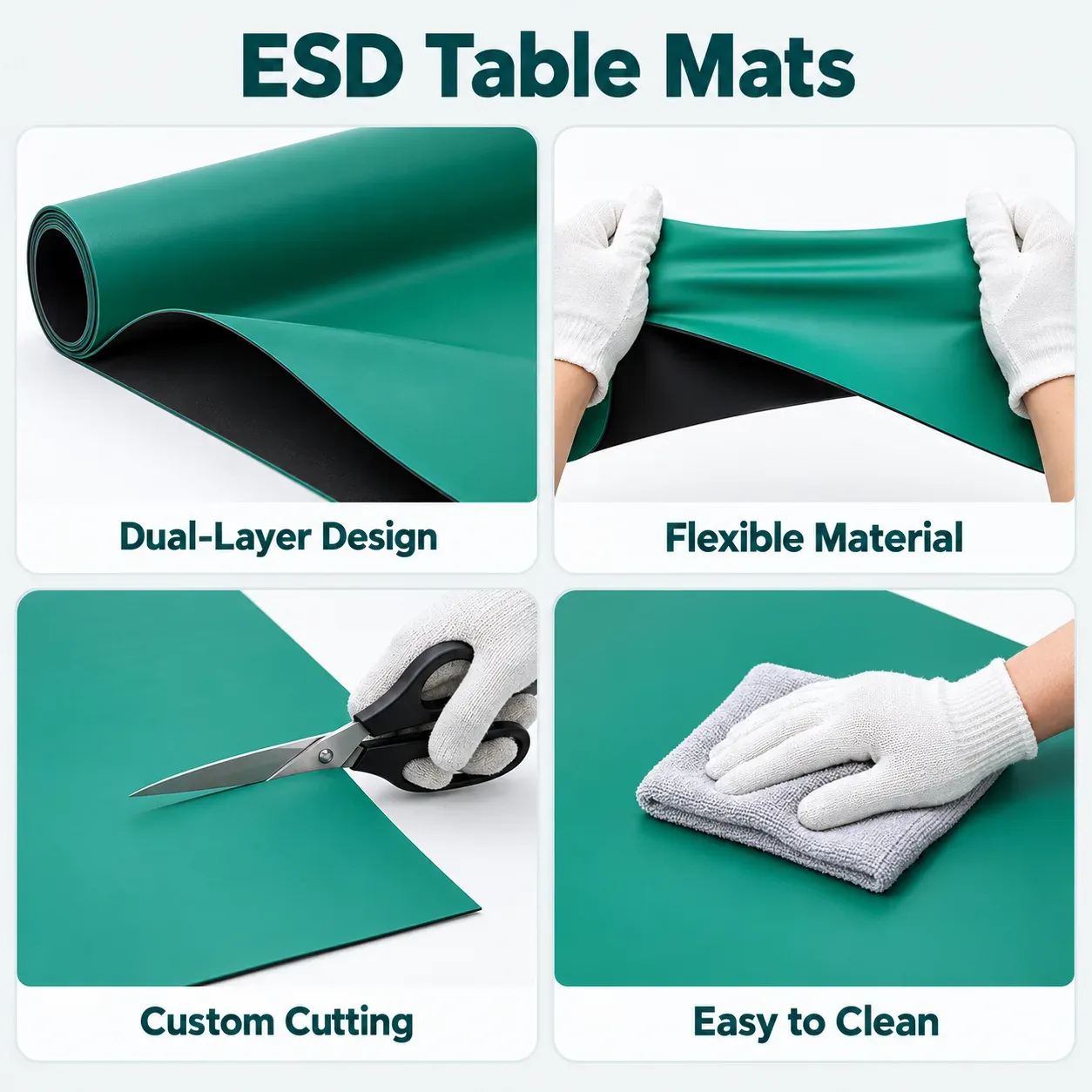 ESD table mat features: dual-layer design, flexible material, custom cutting, easy to clean