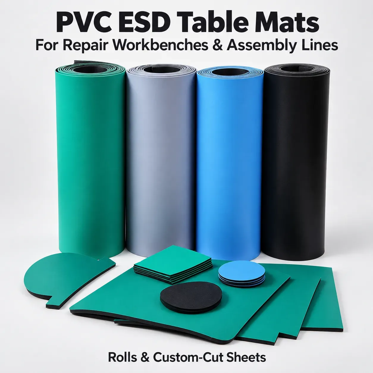 PVC ESD table mats in green, blue, gray and black