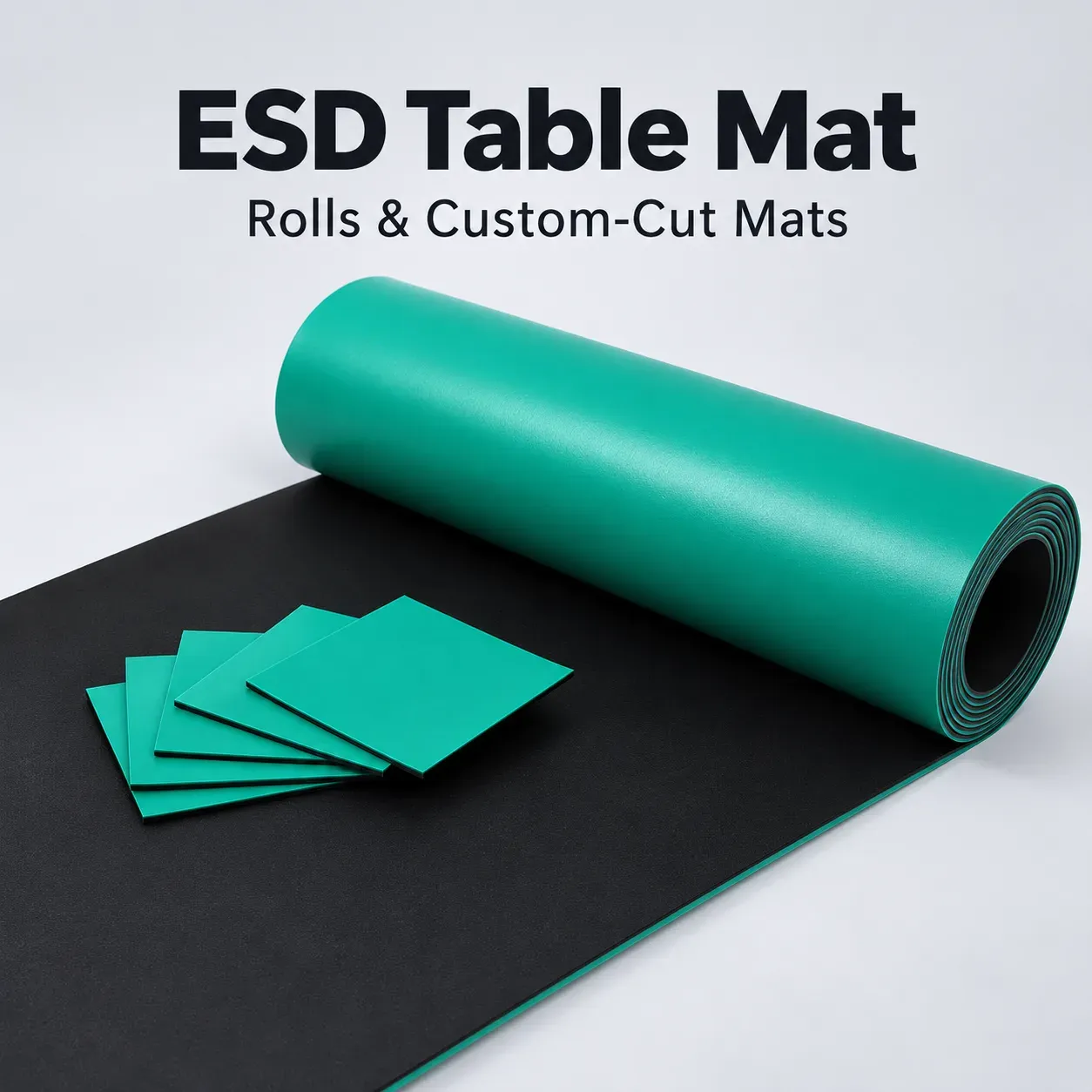 Green ESD table mat roll with black backing layer and custom-cut mat sheets