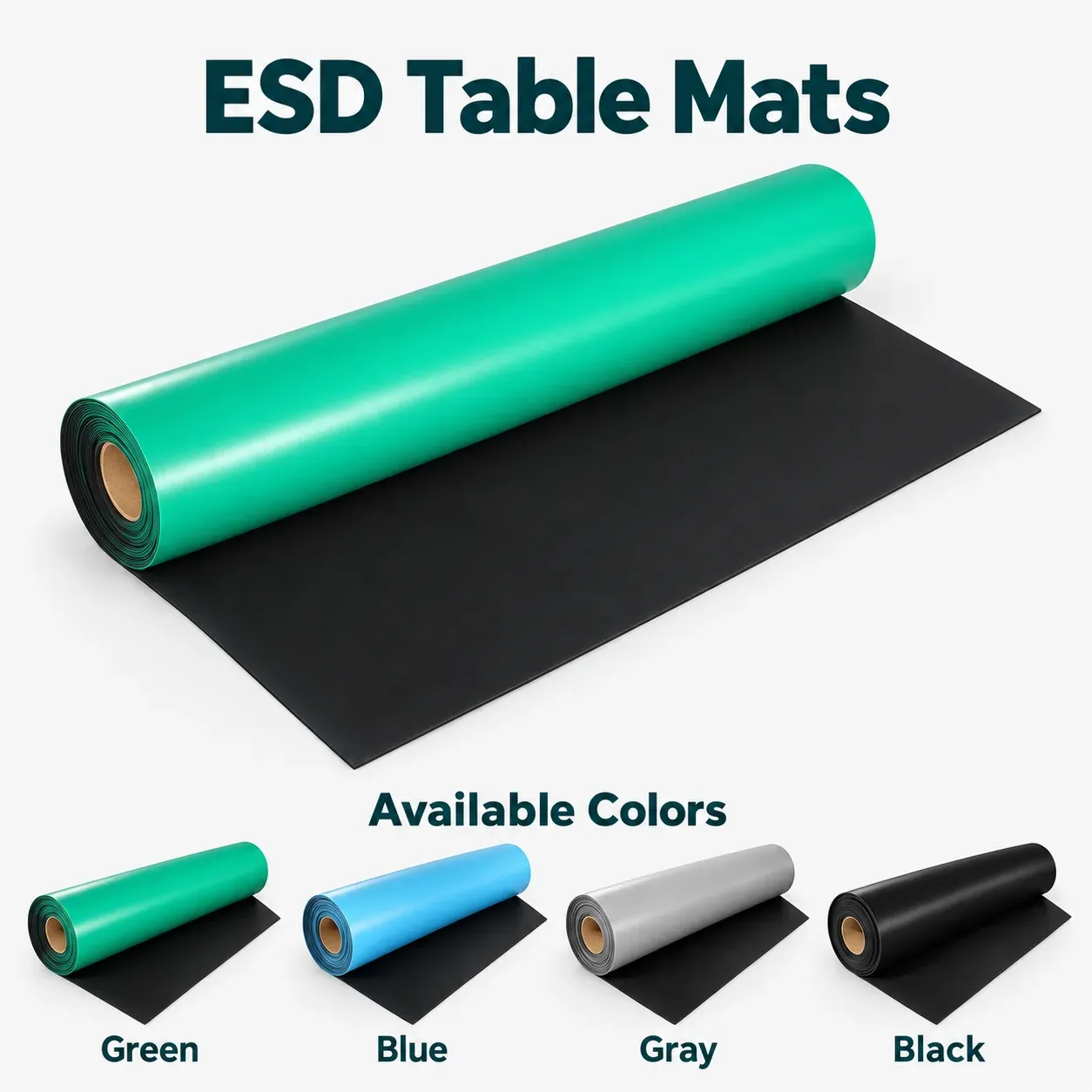 ESD table mat roll in green with black backing sheet, available colors green blue gray black