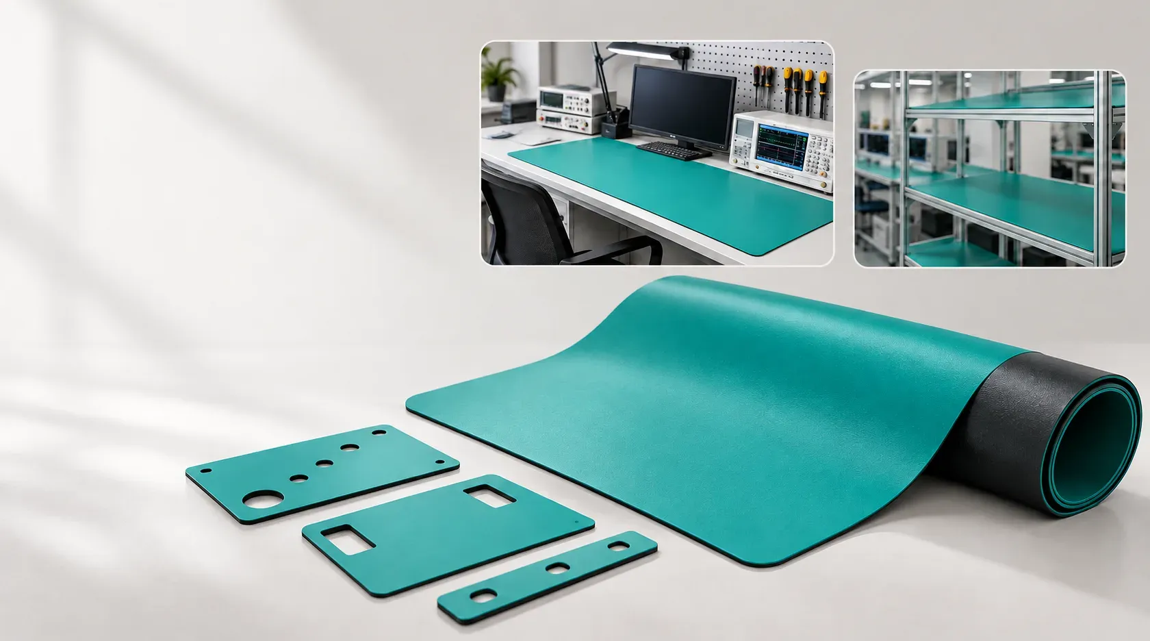 Custom-cut ESD mat with cutout shapes for workbenches, made to fit customer requirements