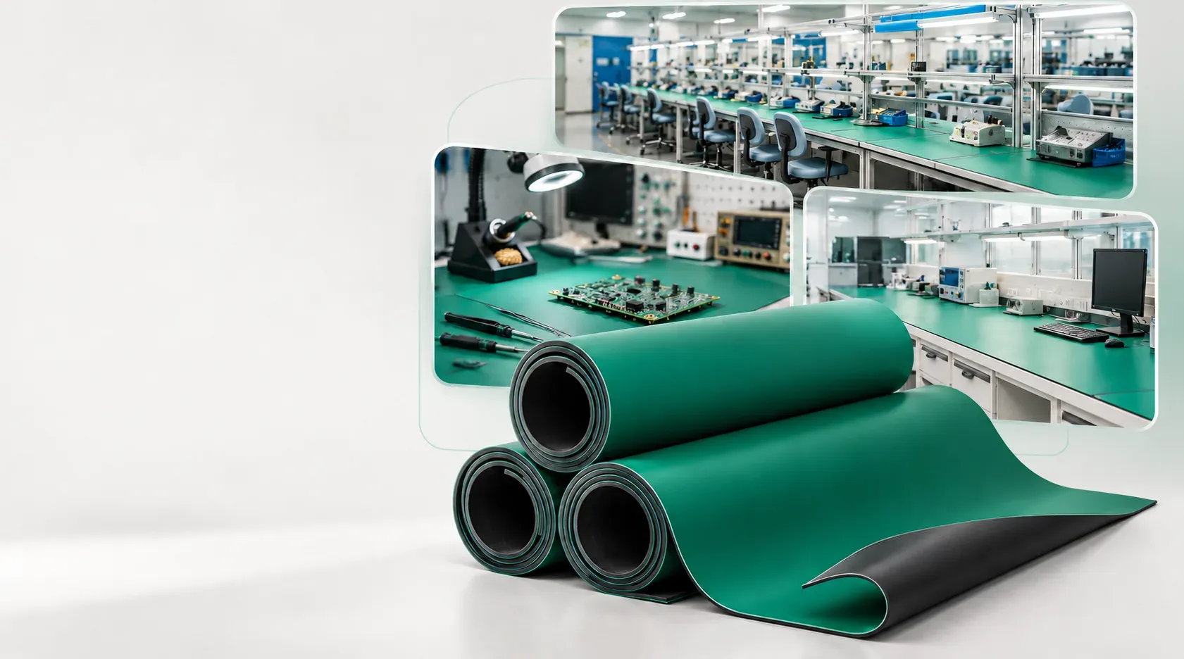 Green ESD mat rolls in front of electronics assembly and repair workshop scenes