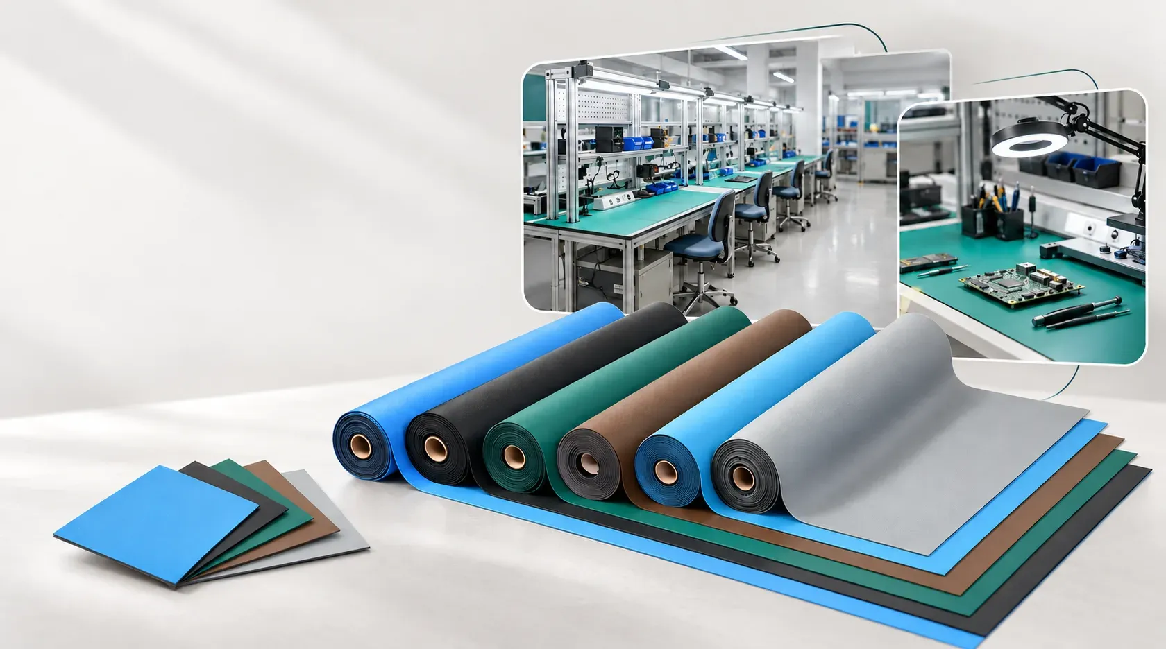 ESD table mat rolls in multiple colors for electronics workstations, green blue gray black and more