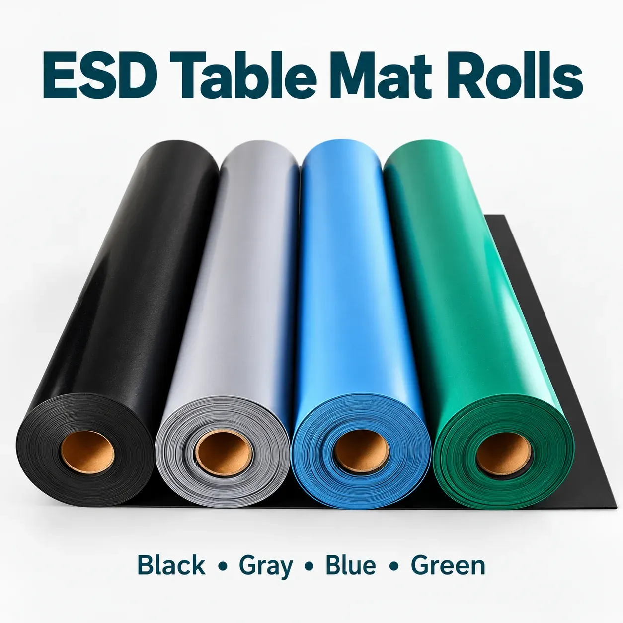 Green ESD rubber table mat rolls, 2 mm thickness with black conductive backing