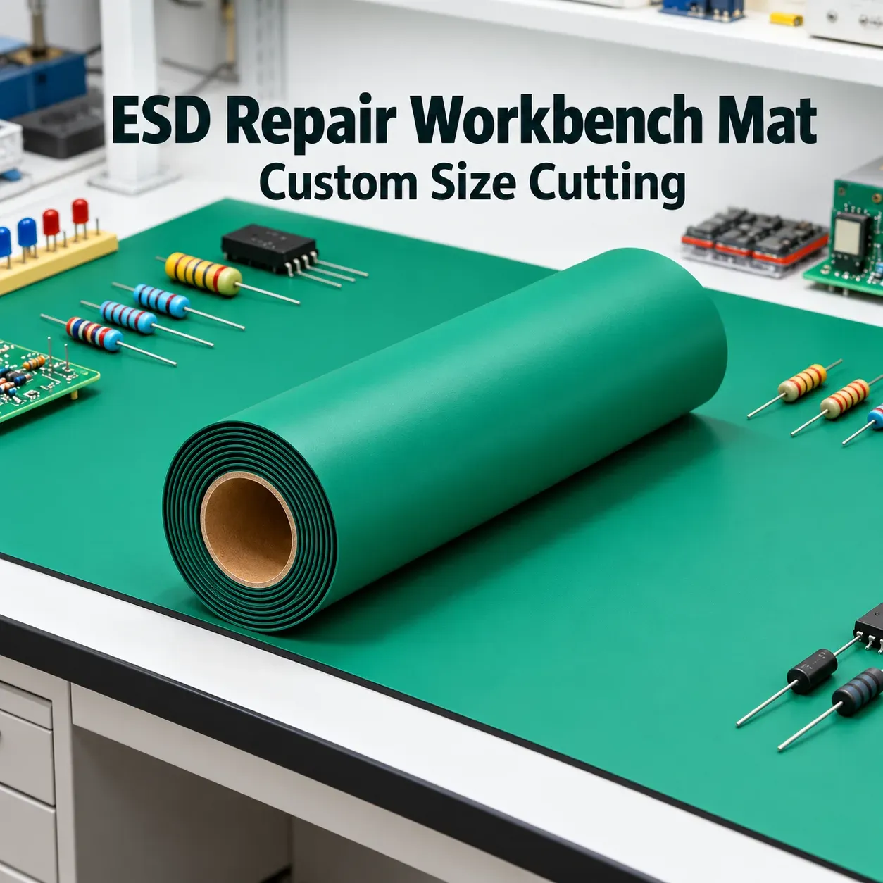 Green ESD table mat on an electronics repair workbench with electronic components