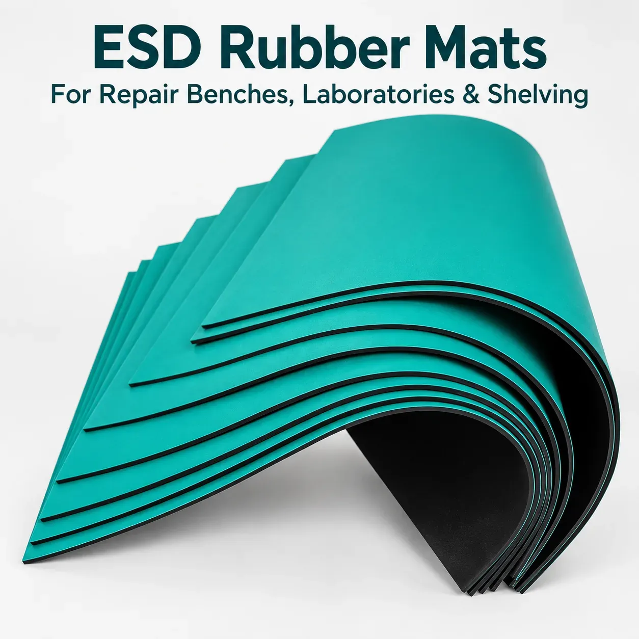 Stacked ESD mat sheets with green dissipative surface and black backing