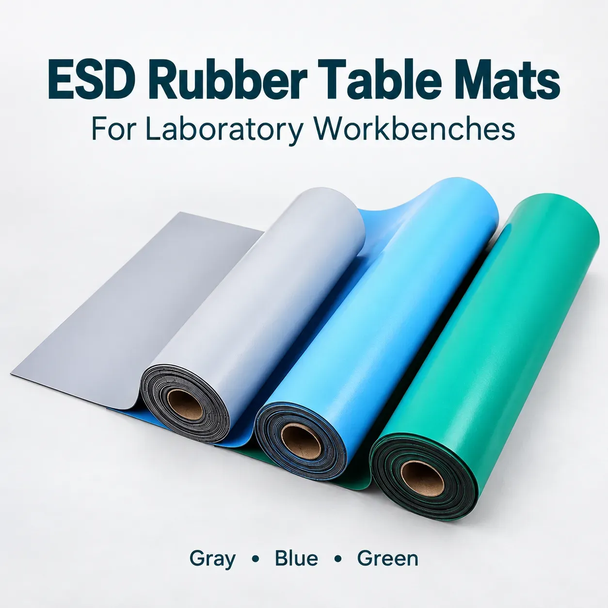 ESD rubber table mats, flexible sheets with custom cutting in green