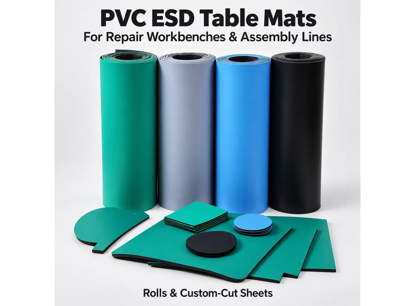 PVC ESD table mat rolls and custom-cut sheets in green, blue, gray and black for repair workbenches and assembly lines