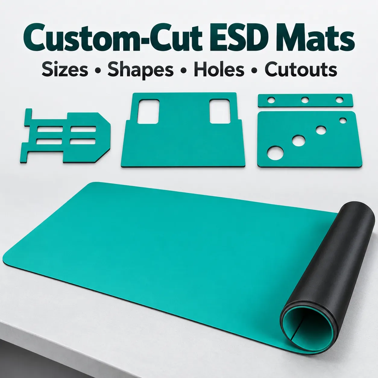 Custom-cut ESD mats with sizes, shapes, holes and cutouts