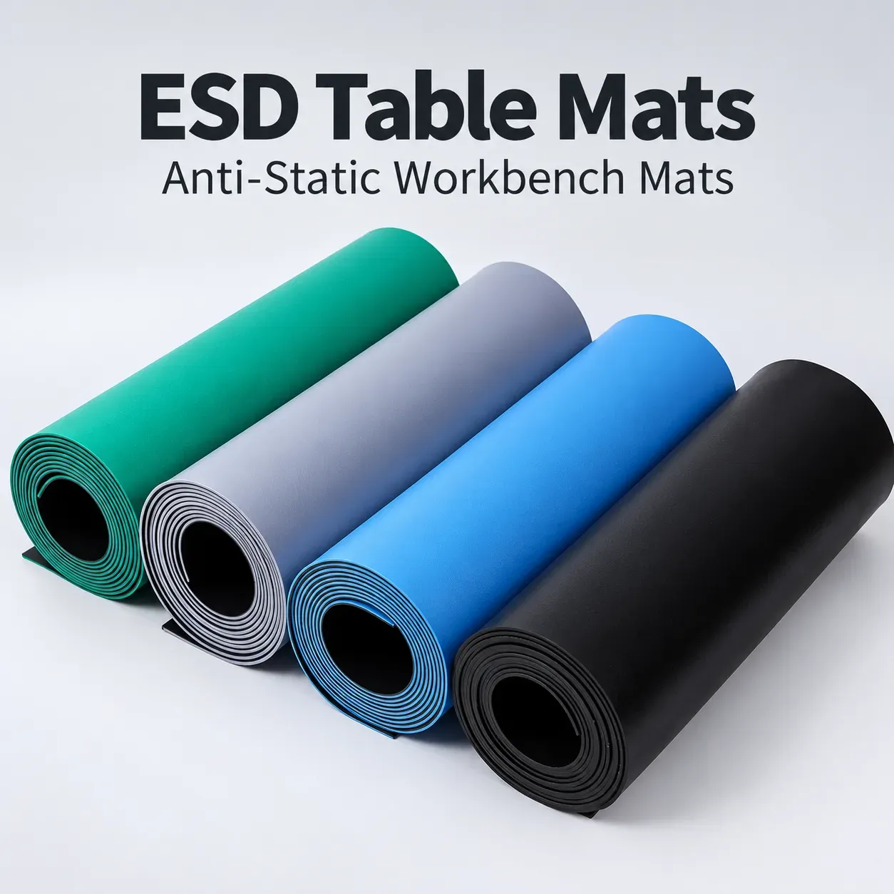 Two-layer PVC ESD table mats in green, blue, gray and black, supplied as rolls for electronics workbenches