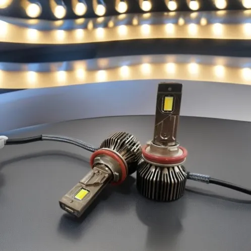 LED headlight bulb pair showing mounting rings and cable connections