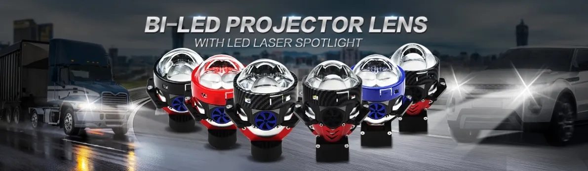 Bi-LED projector lens products displayed for wholesale evaluation
