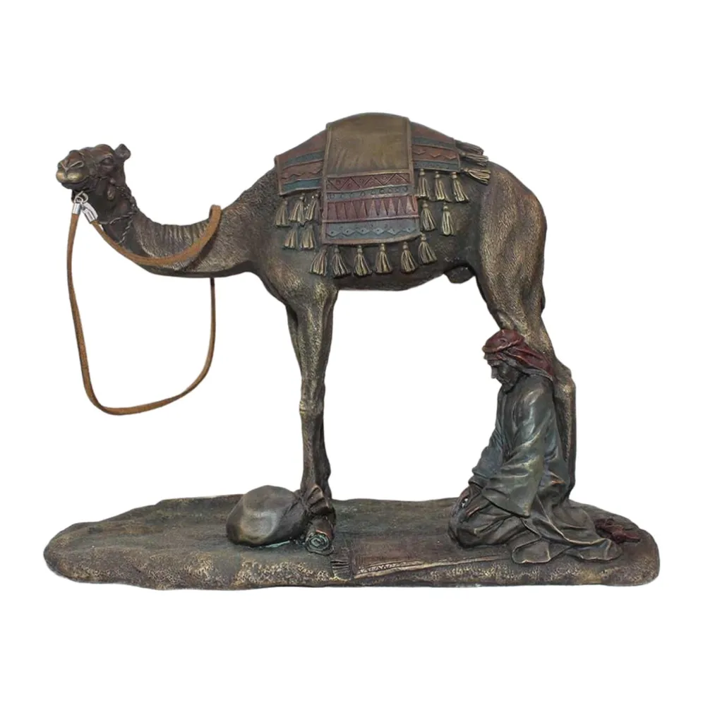 Bronze camel statue with seated herdsman, hand-cast brass desert caravan sculpture