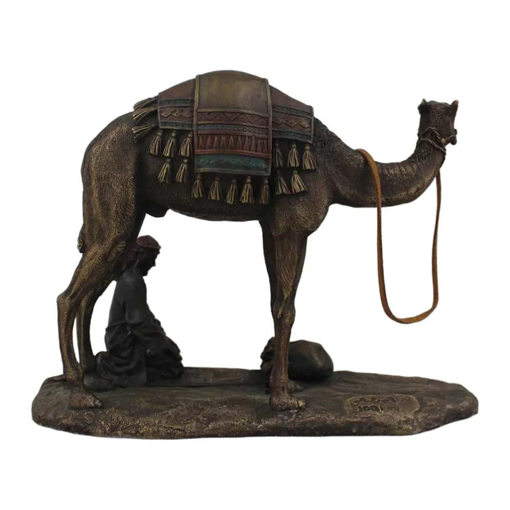 Lost-wax cast bronze camel statue on sculpted ground base, alternate view