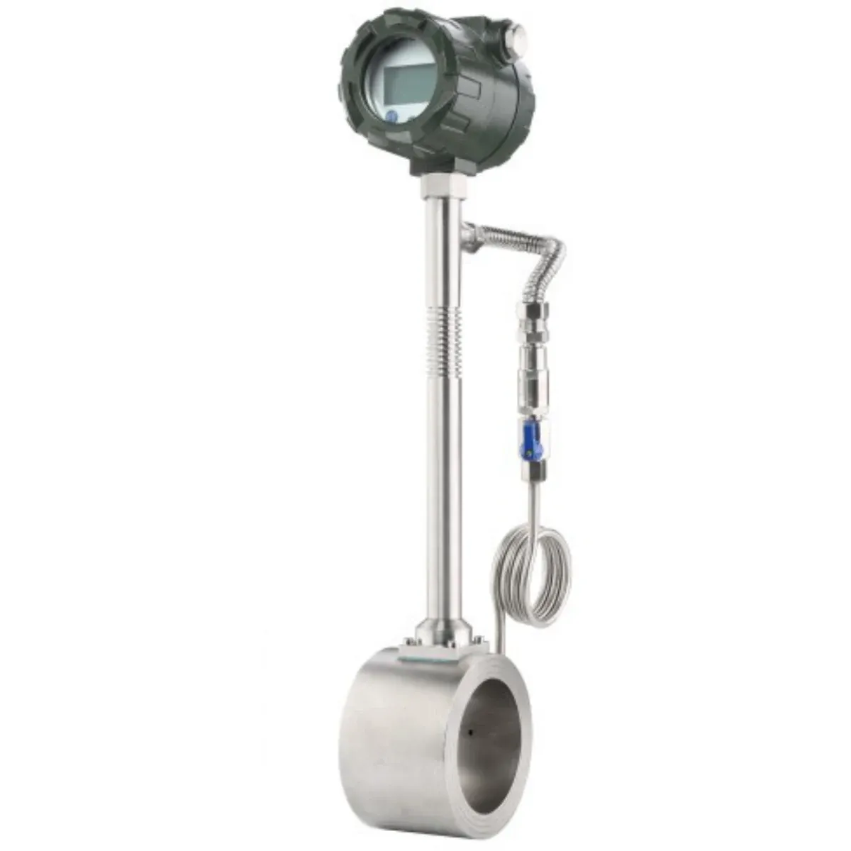 LUGB wafer vortex flow meter clamped between pipeline flanges with remote display head