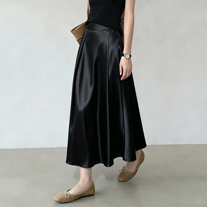 Elegant satin midi skirt with A-line cut and invisible zipper, custom skirt manufacturing