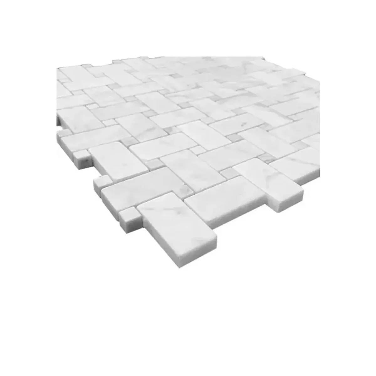 Perspective view of Carrara White Marble Basketweave Mosaic Tile with Carrara dots showing stone edges and joints