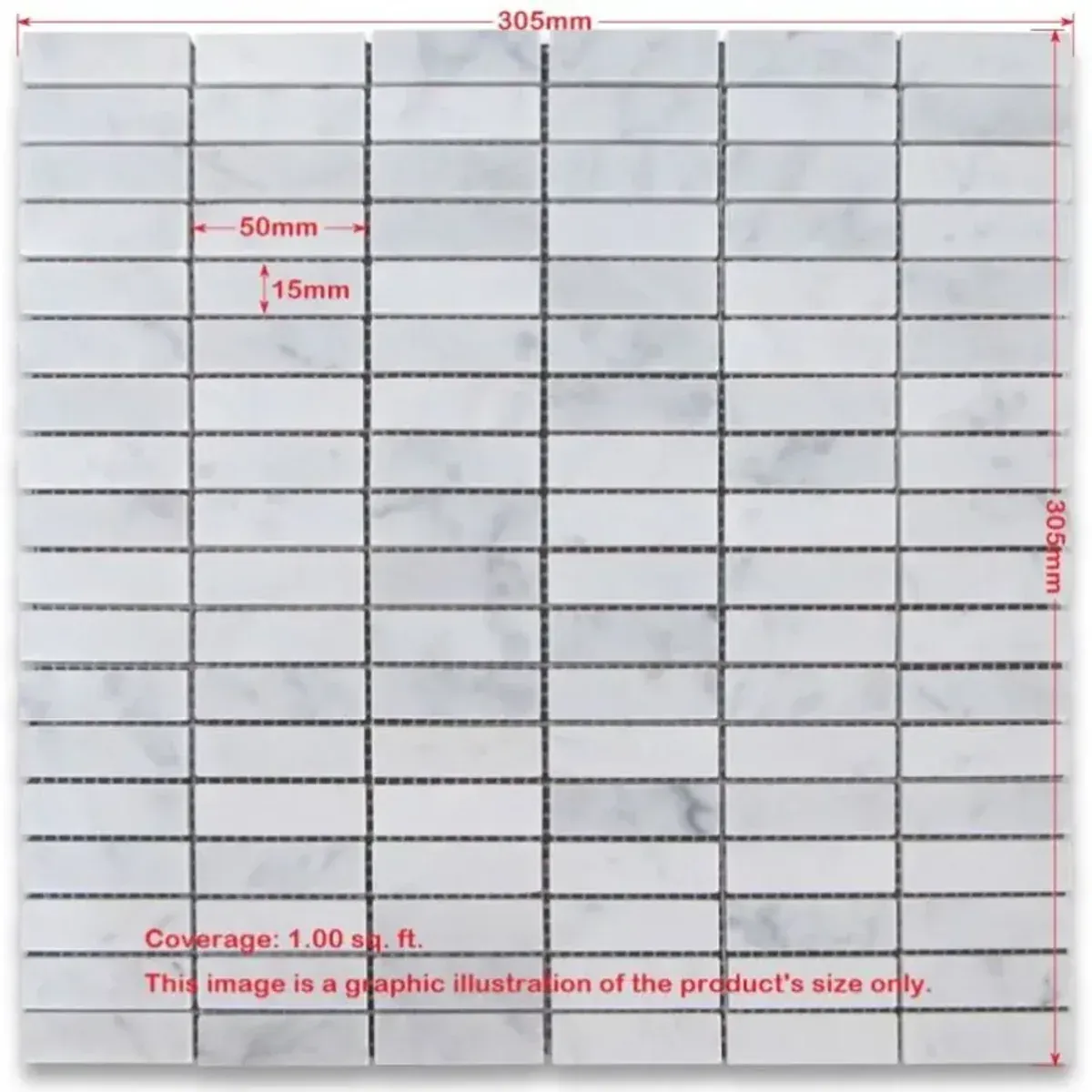 Dimension diagram of Carrara White Marble 5/8x2 Inch Rectangular Stacked Mosaic Tile showing sheet and chip sizes