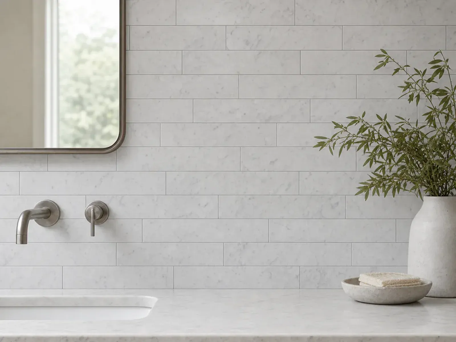 Bianco Carrara White Marble 3x12 inch subway tiles installed on a bathroom vanity wall