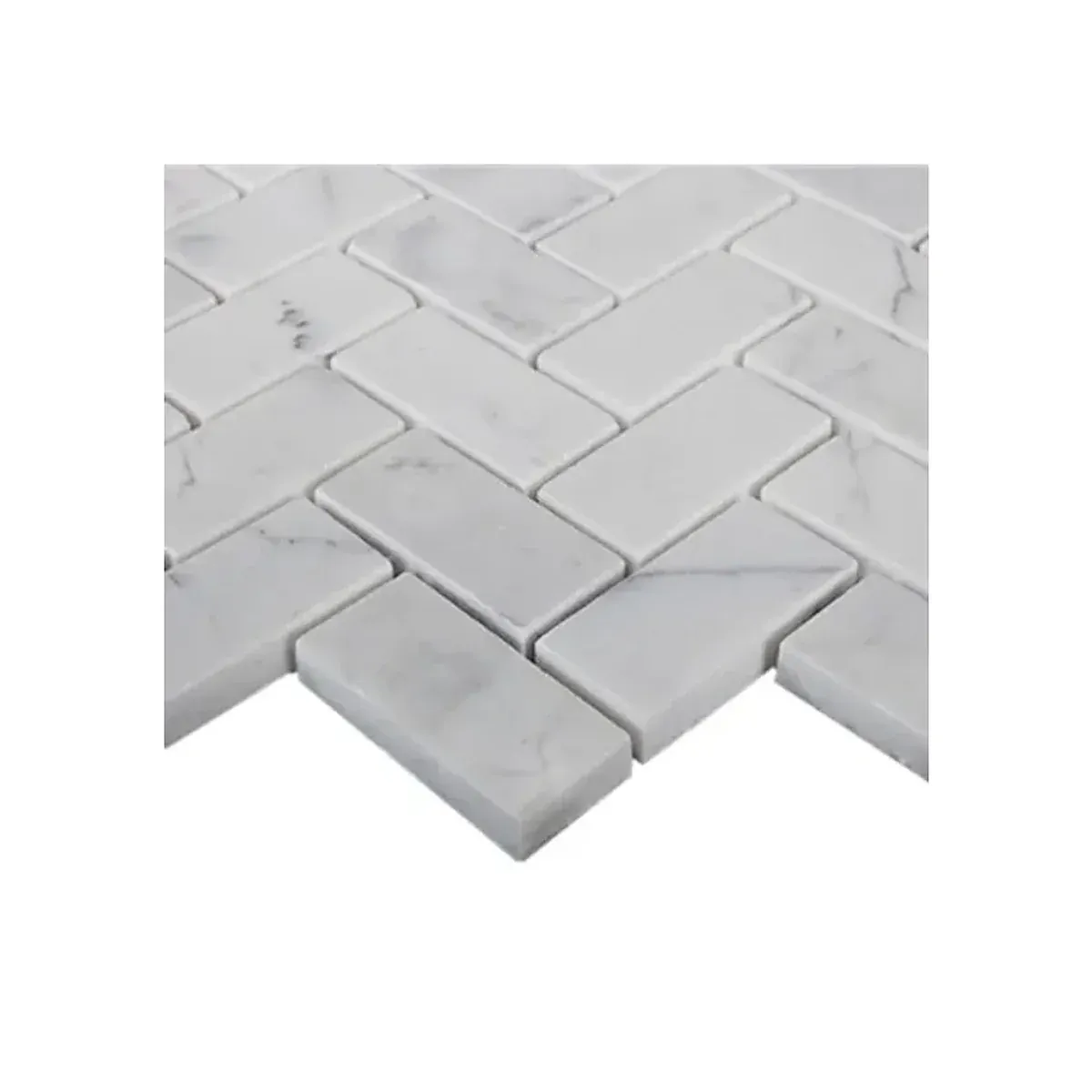 Detailed view of Carrara White Marble 1x2 Inch Herringbone Mosaic Tile with natural grey veining