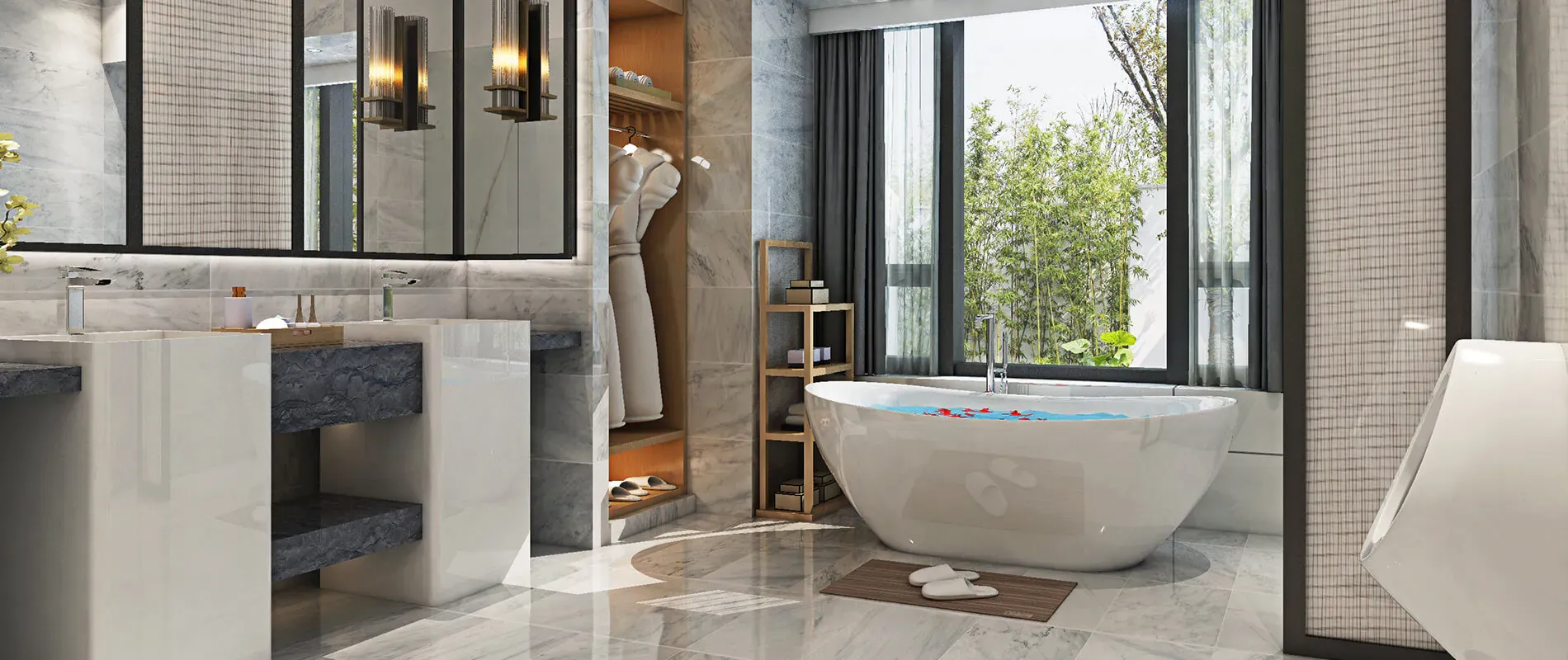 Carrara marble wall and floor tiles in a bright contemporary bathroom interior