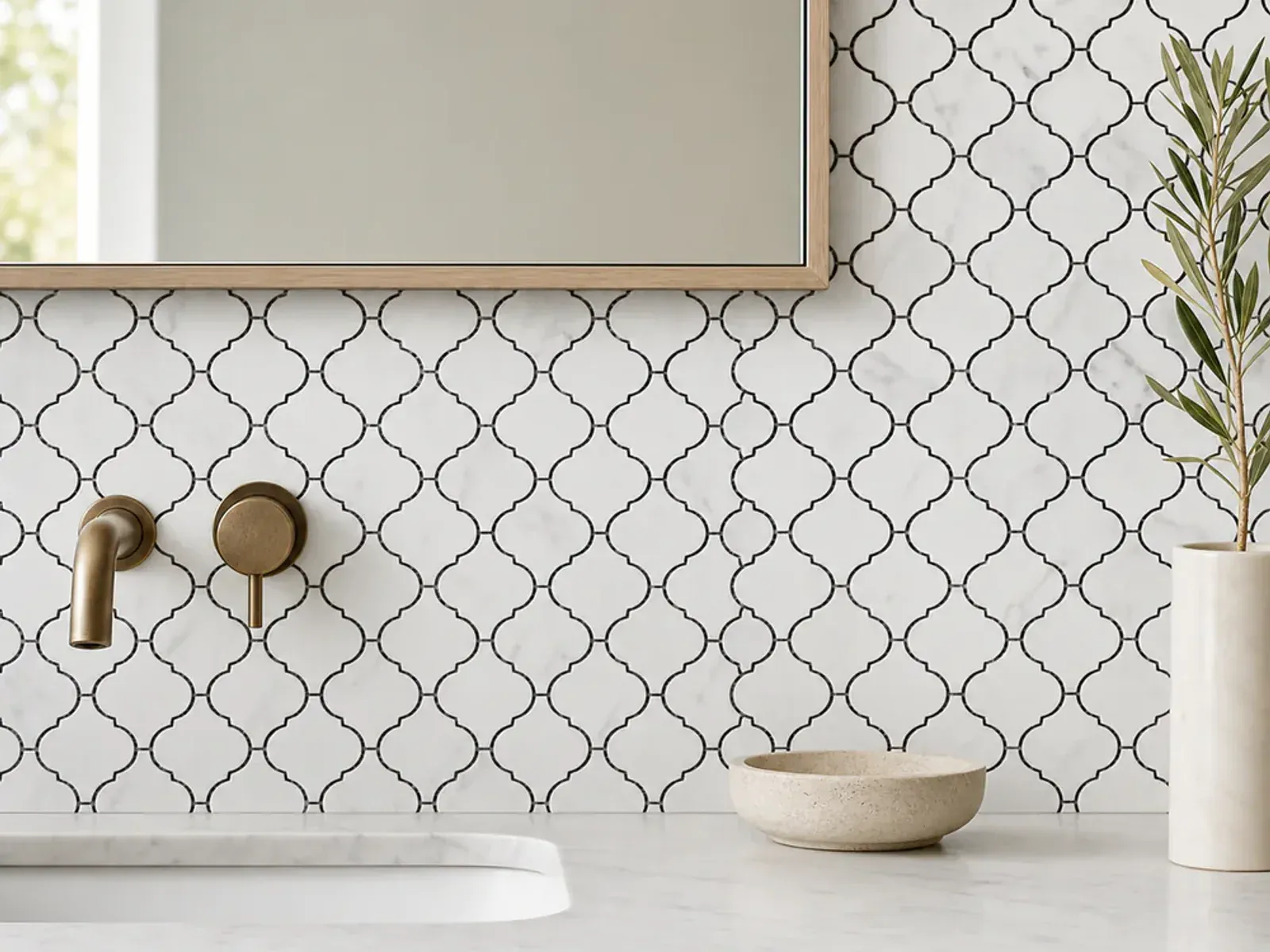 Carrara White Marble Arabesque Lantern Mosaic installed as a bathroom vanity backsplash