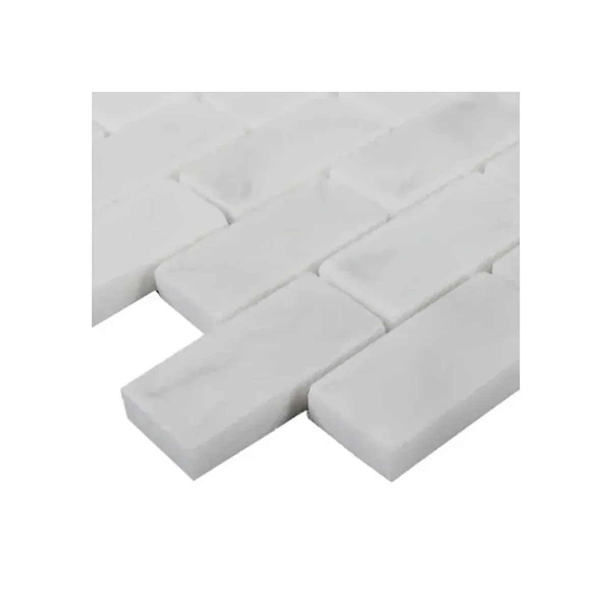 Detailed view of Carrara White Marble 1x2 Inch Brick Subway Mosaic Tile with natural grey veining