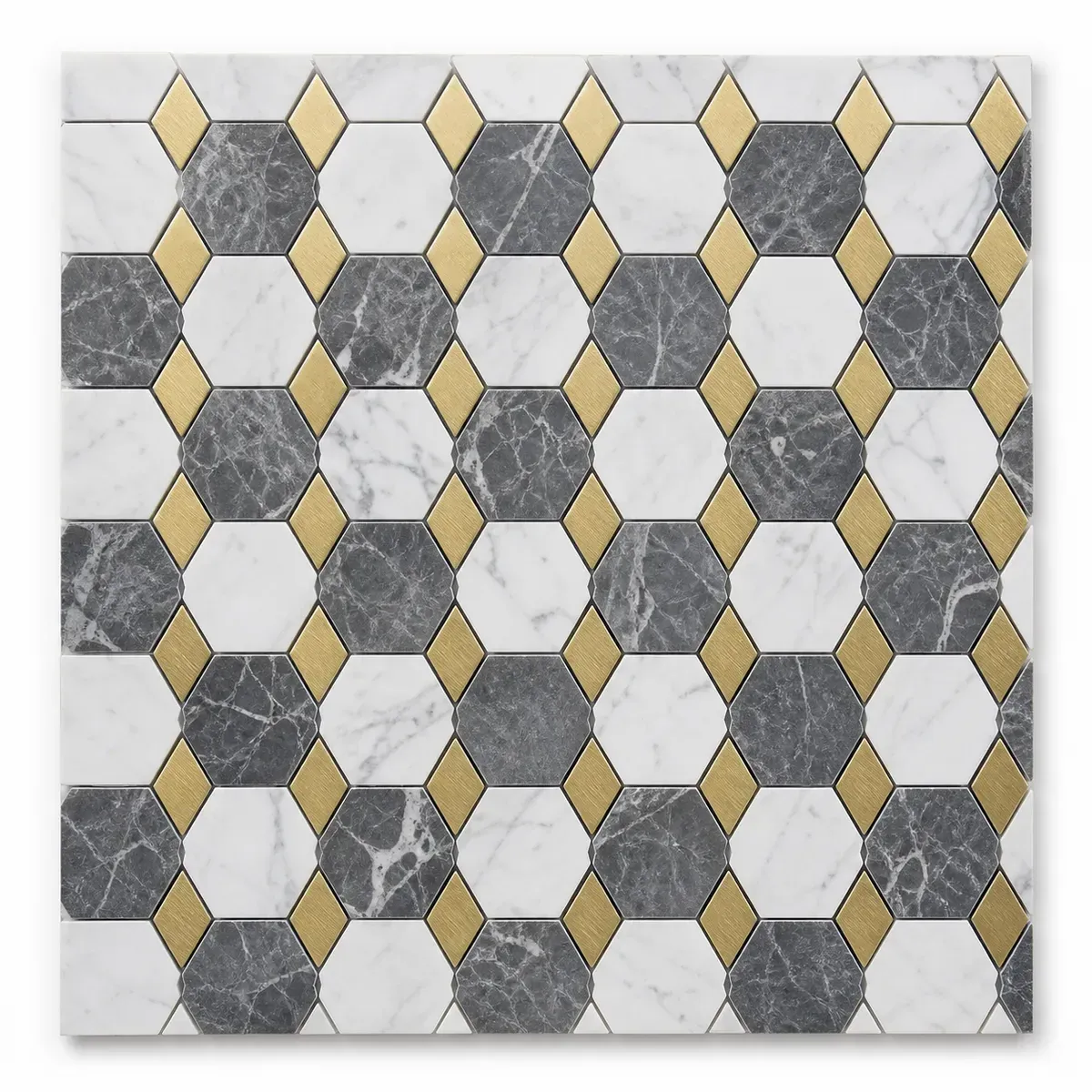 White, grey and brass geometric waterjet mosaic tile product sheet on a white background