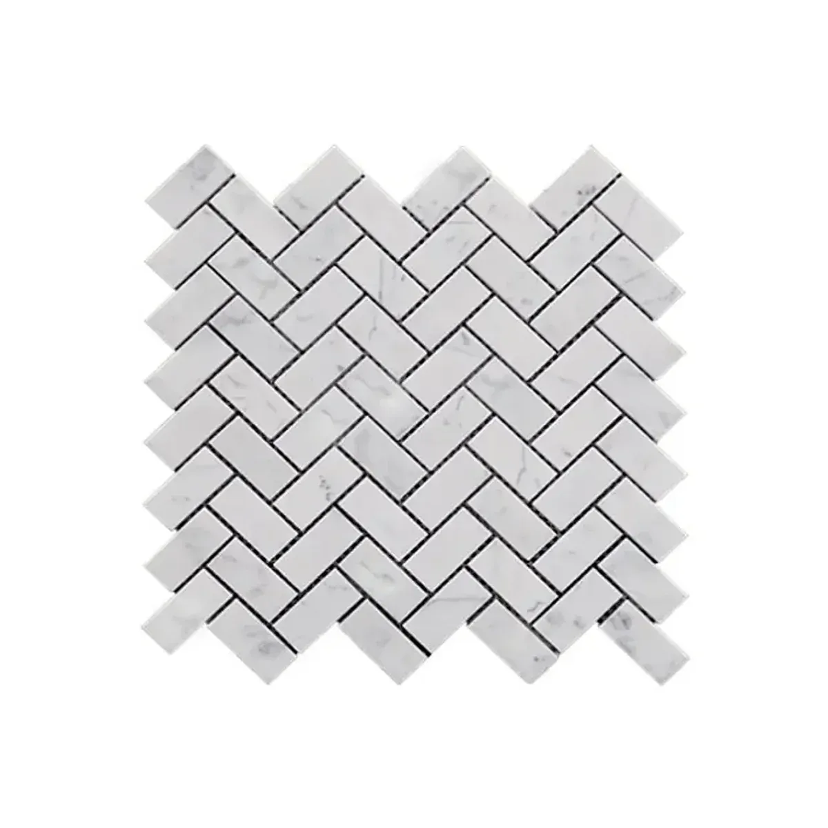 Carrara White Marble 1x2 Inch Herringbone Mosaic Tile sheet on a white background