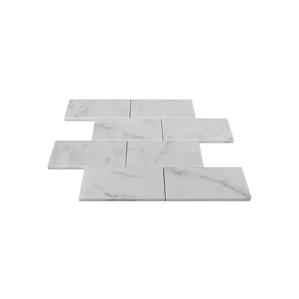 Bianco Carrara White Marble 3x6 inch subway tiles in a detailed perspective view