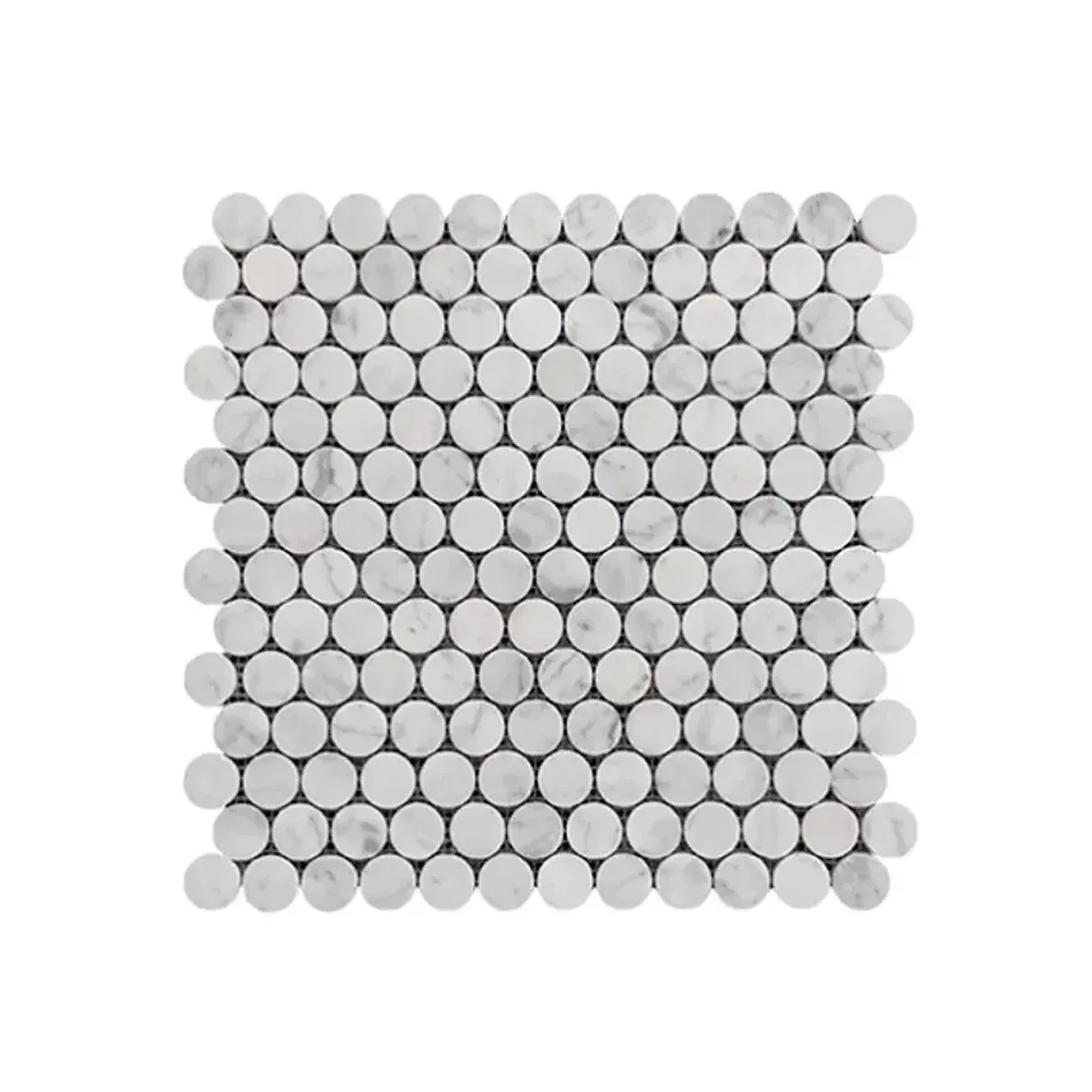 Carrara White Marble Penny Round Mosaic Tile sheet on a white background