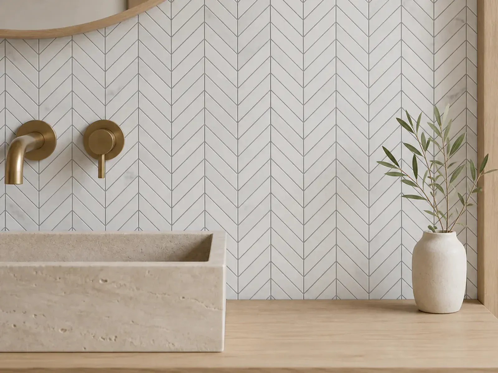 Carrara White Marble 1x4 inch chevron mosaic installed on a bathroom vanity wall