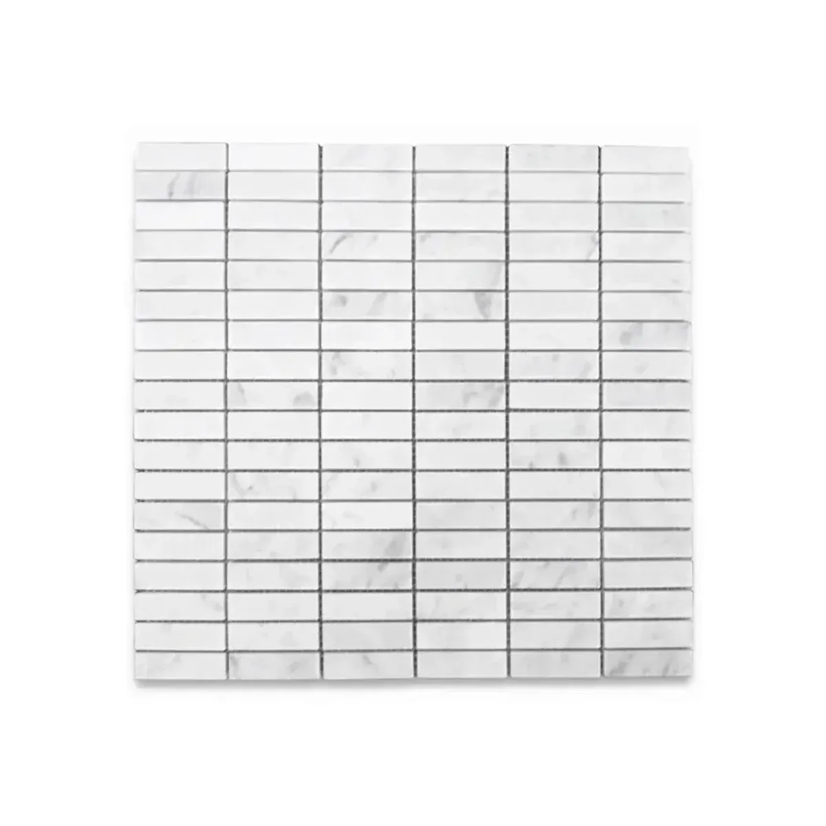 Carrara White Marble 5/8x2 Inch Rectangular Stacked Mosaic Tile sheet on a white background