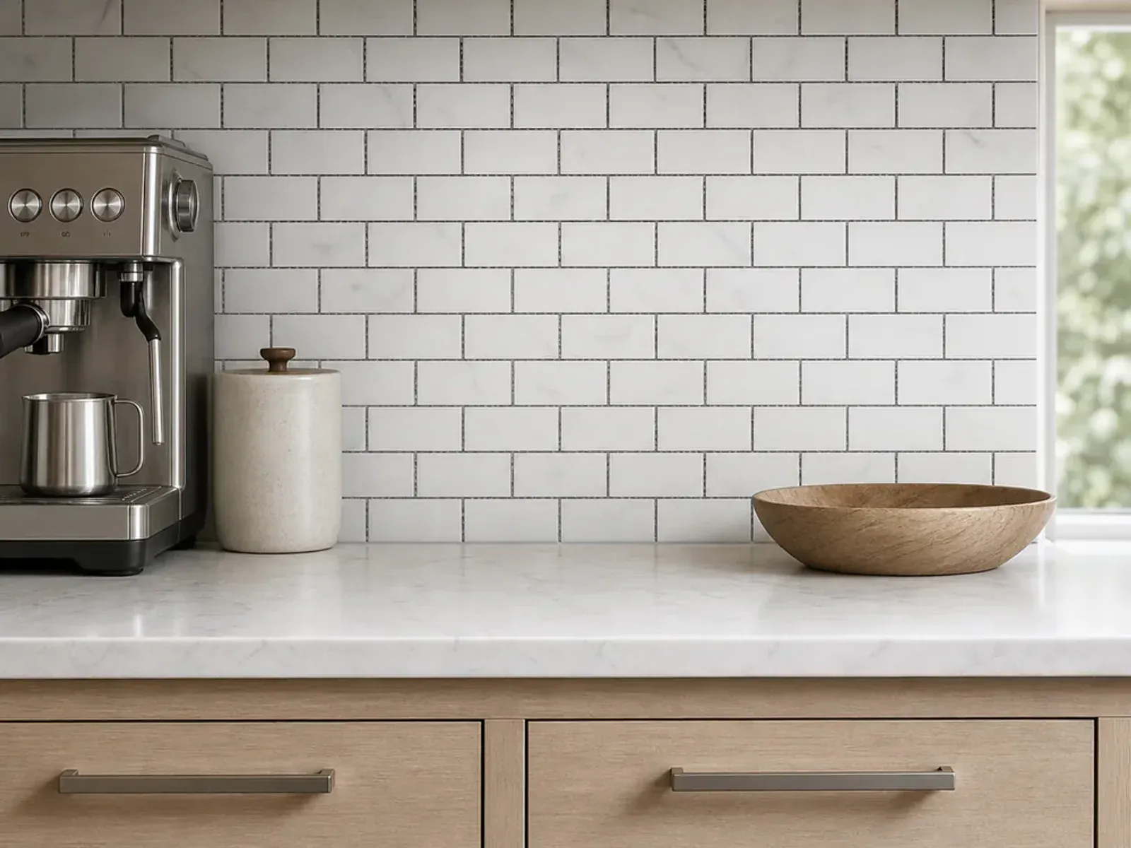 Carrara White Marble 1x2 Inch Brick Subway Mosaic Tile installed as a kitchen backsplash