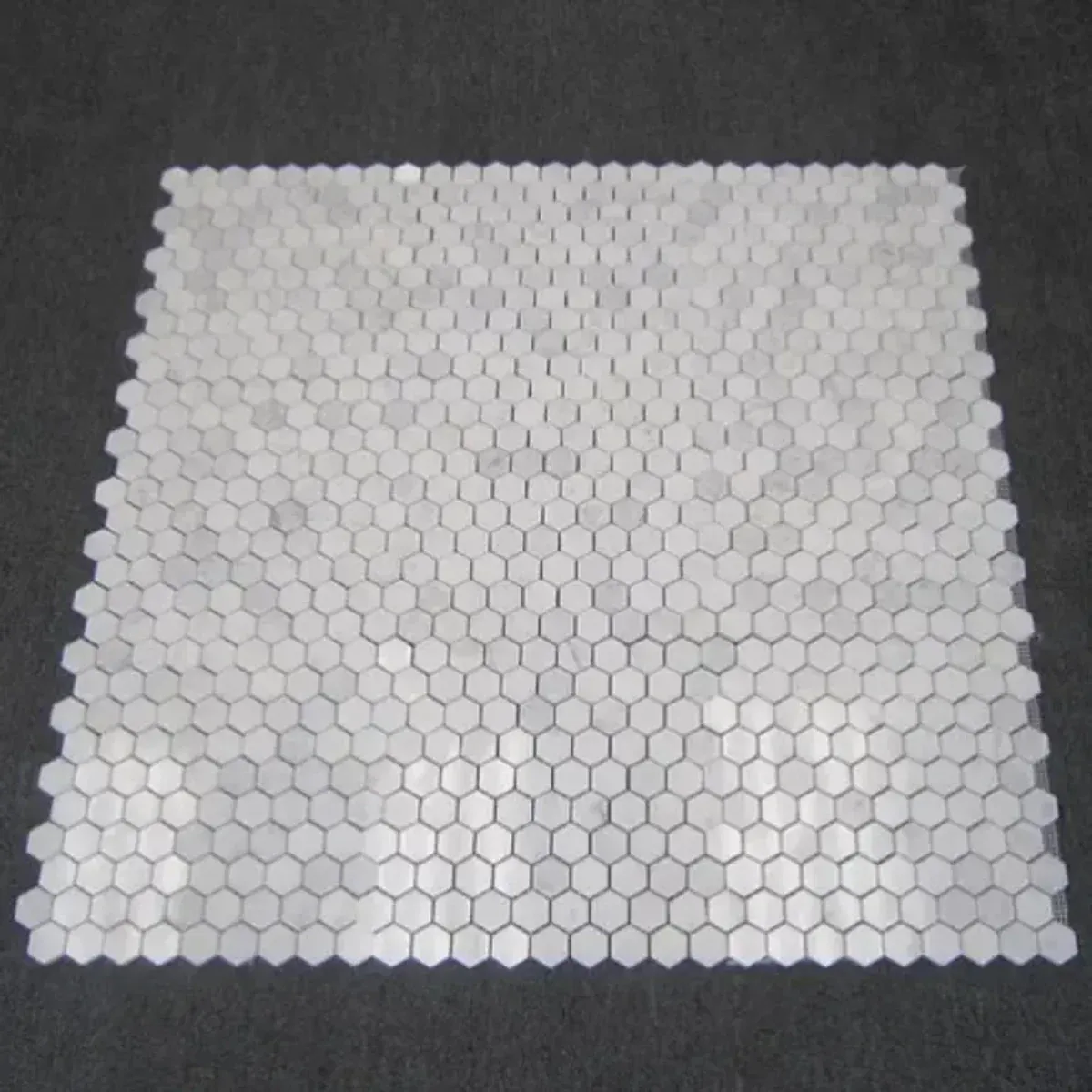 Carrara White Marble 1 Inch Hexagon Mosaic sheet showing consistent hexagon geometry