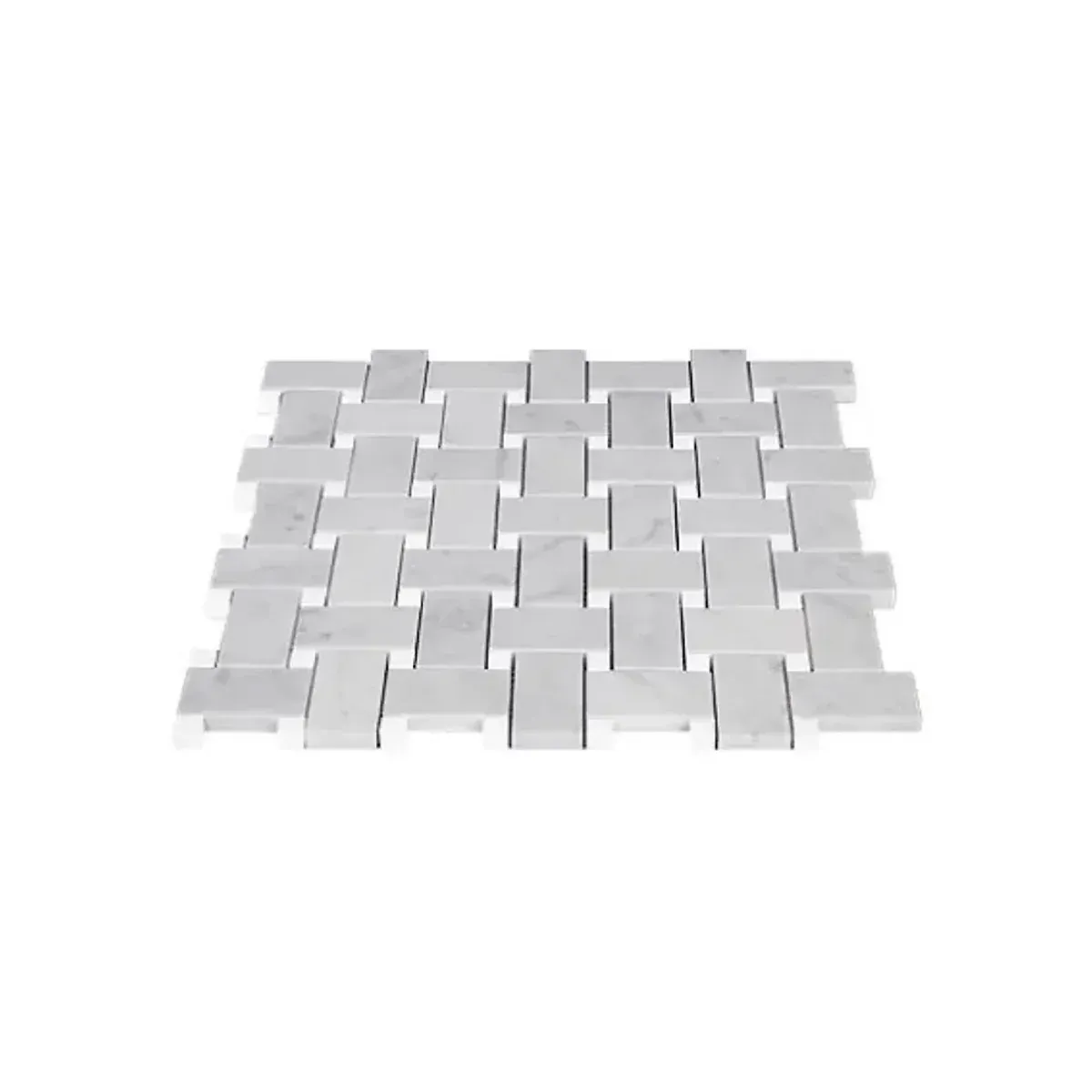 Detailed view of Carrara White Marble Basketweave Mosaic Tile with Carrara dots and natural grey veining