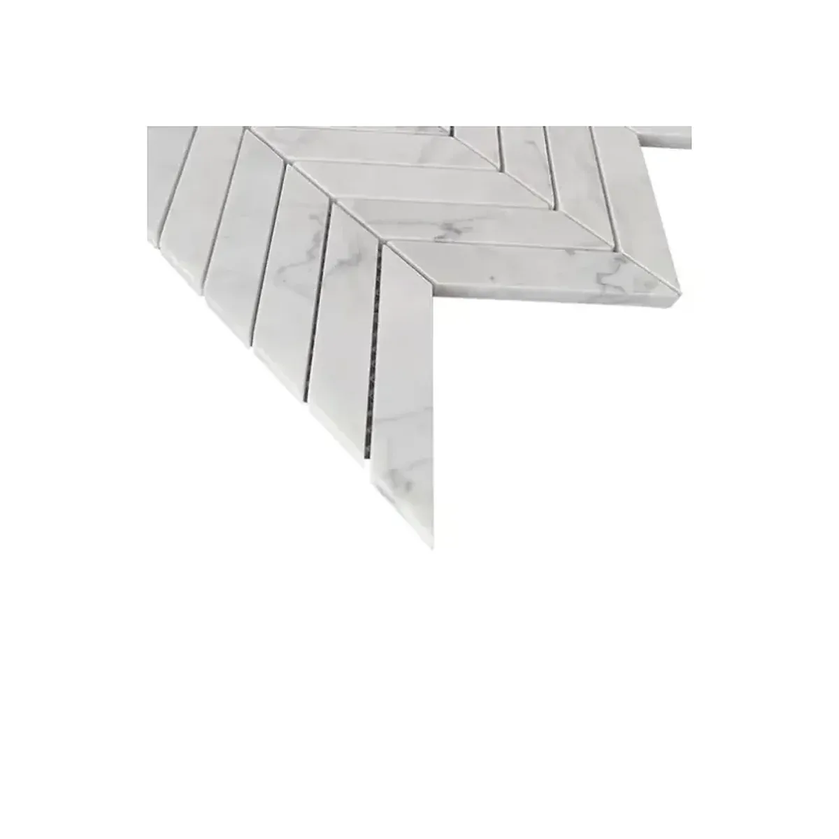 Close-up of Carrara White Marble 1x4 inch chevron mosaic tile edges and joints