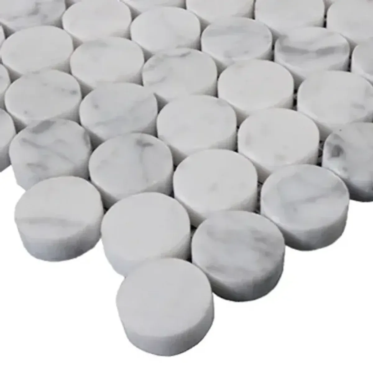 Close-up of Carrara White Marble Penny Round Mosaic Tile with natural grey veining