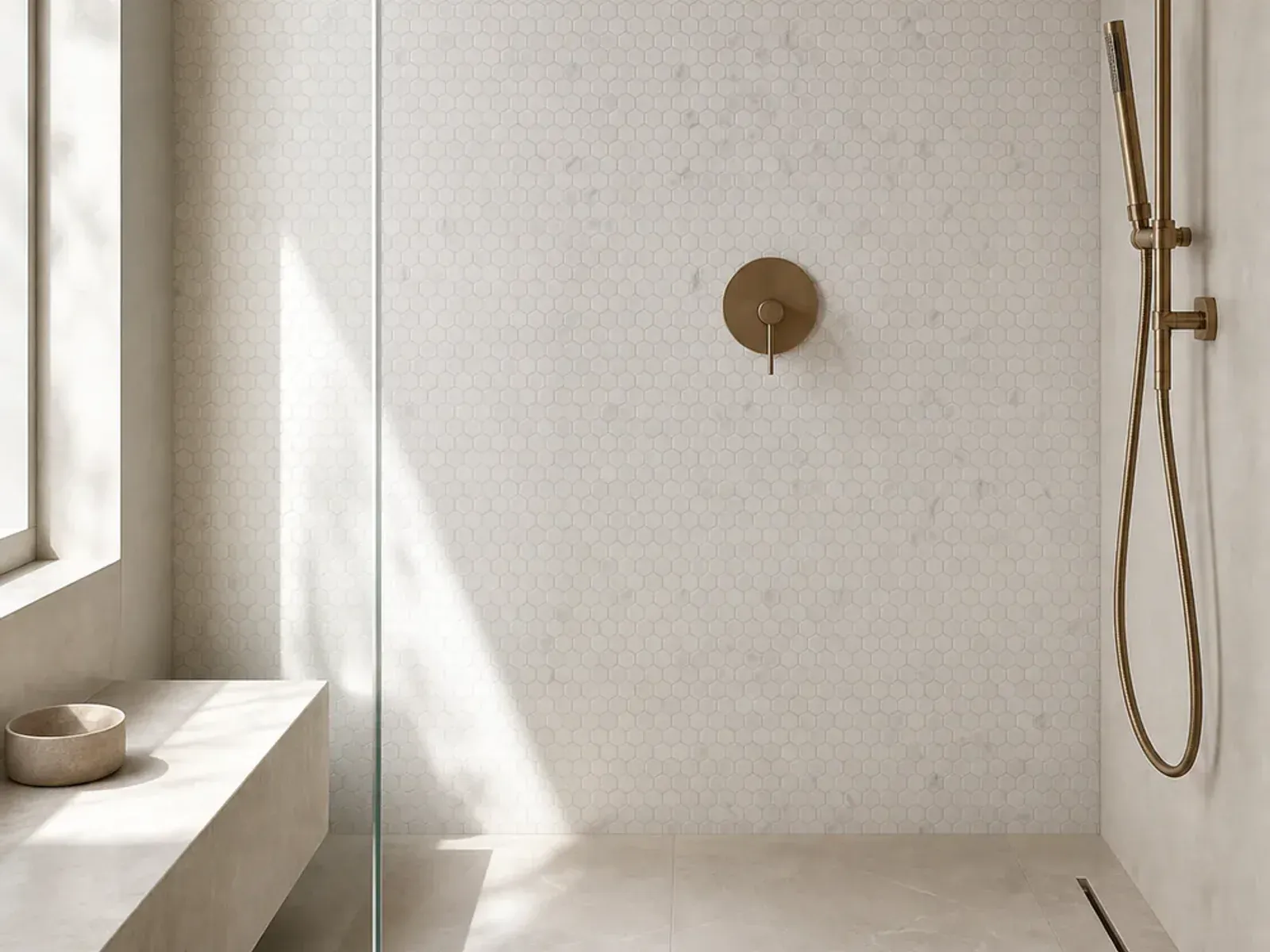 Carrara White Marble 1 Inch Hexagon Mosaic installed in a shower application