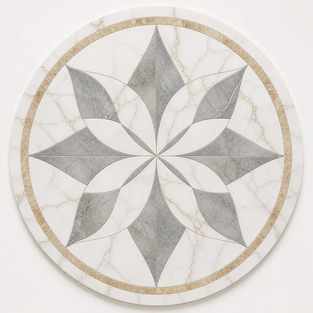 Calacatta Gold marble waterjet medallion mosaic product sheet on a white background