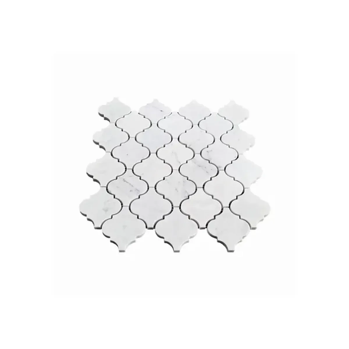 Perspective view of Carrara White Marble Arabesque Lantern Mosaic showing stone edges and joints